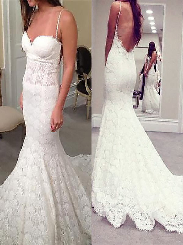 Trumpet/Mermaid Spaghetti Straps Court Train Lace Sleeveless Wedding Dresses CICIP0006466