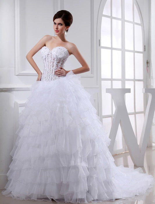 Ball Gown Beading Sweetheart Sleeveless Applique Organza Wedding Dresses CICIP0006894