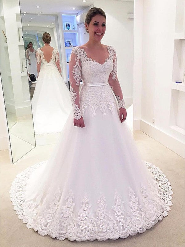 A-Line/Princess V-neck Applique Lace Long Sleeves Tulle Sweep/Brush Train Wedding Dresses CICIP0006605