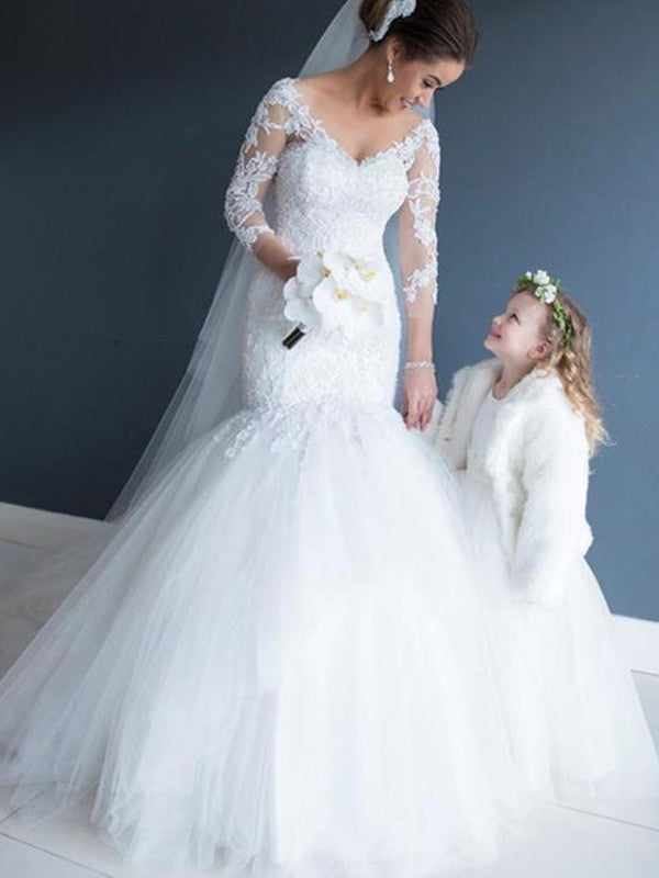 Trumpet/Mermaid V-neck Tulle Lace 3/4 Sleeves Court Train Wedding Dresses CICIP0006444