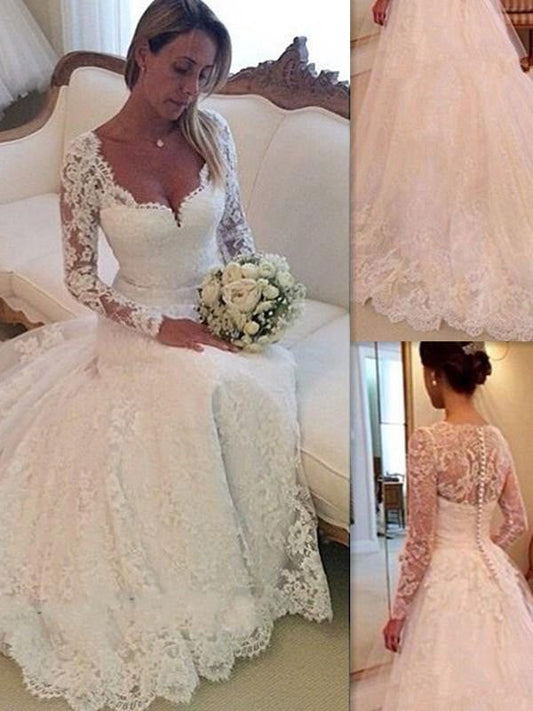 Ball Gown V-neck Long Sleeves Lace Court Train Tulle Wedding Dresses CICIP0006095