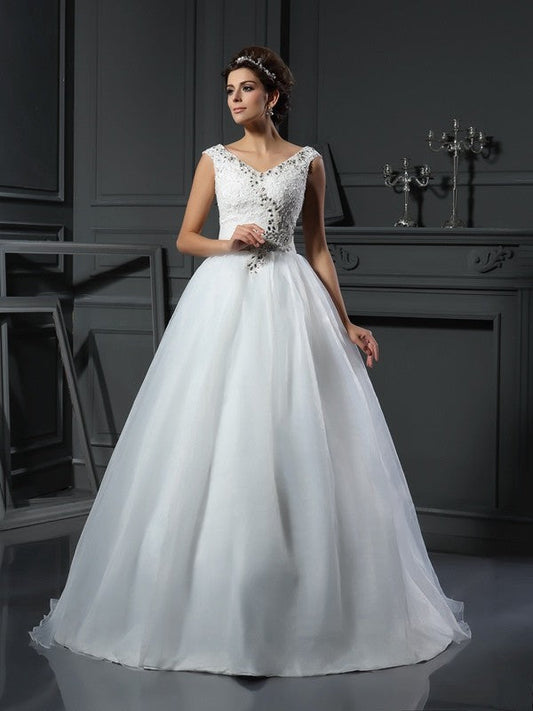 A-Line/Princess V-neck Beading Sleeveless Long Organza Wedding Dresses CICIP0006619