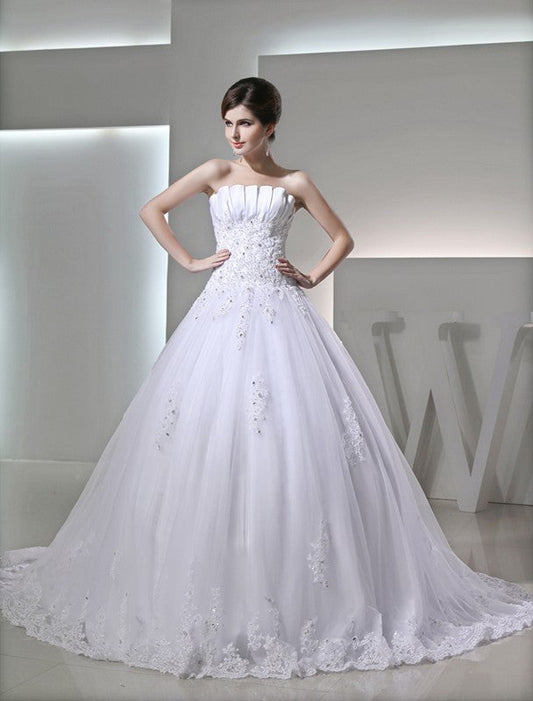 Ball Gown Beading Sleeveless Strapless Satin Applique Wedding Dresses CICIP0006887