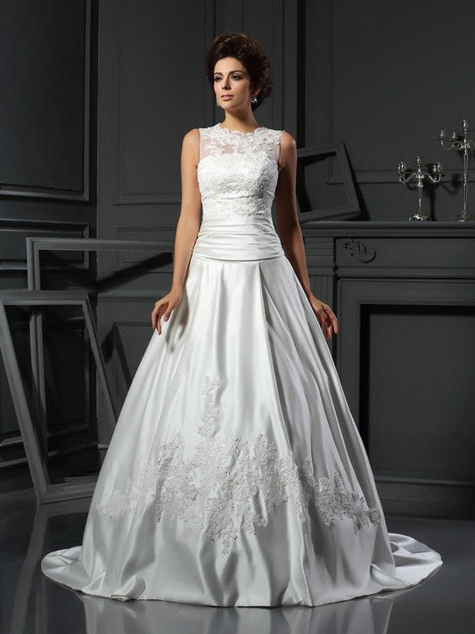 A-Line/Princess High Neck Applique Sleeveless Long Satin Wedding Dresses CICIP0006700