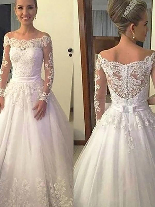 Ball Gown Tulle Applique Off-the-Shoulder Long Sleeves Court Train Wedding Dresses CICIP0006671