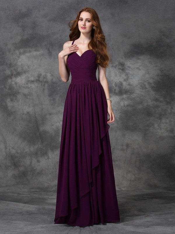 A-line/Princess Spaghetti Straps Sleeveless Long Ruffles Chiffon Bridesmaid Dresses CICIP0005431