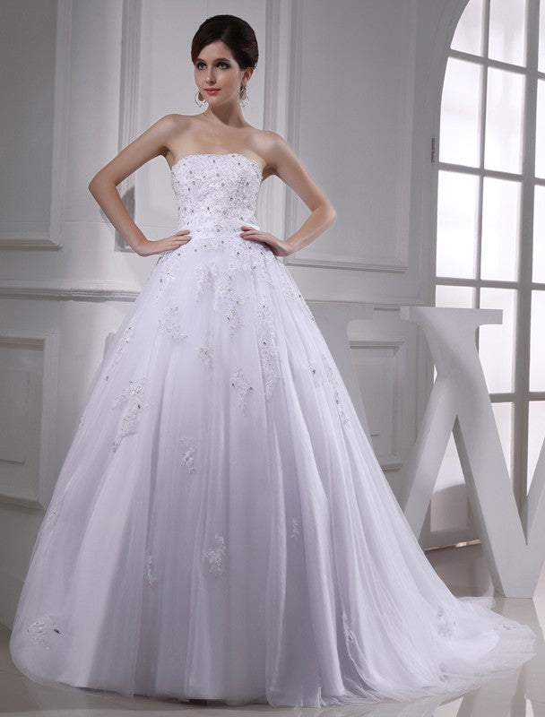 Ball Gown Beading Strapless Sleeveless Applique Satin Tulle Wedding Dresses CICIP0006843