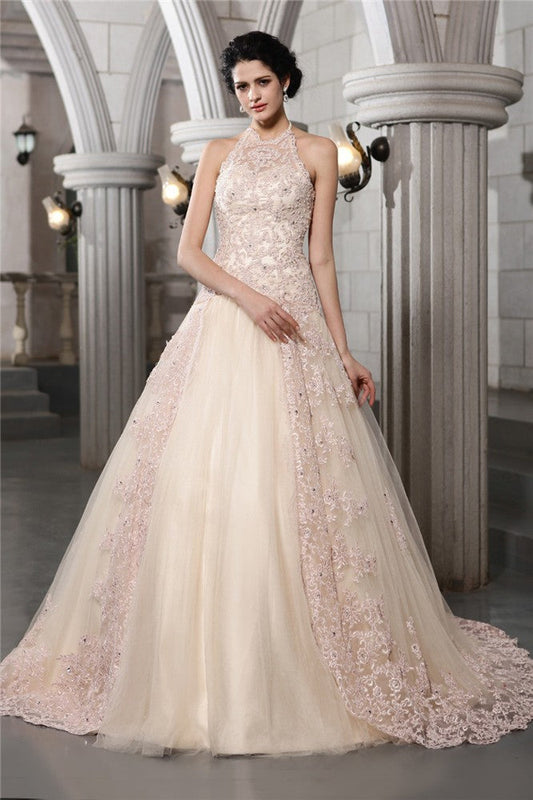 A-Line/Princess High Neck Sleeveless Beading Applique Long Net Wedding Dresses CICIP0006620