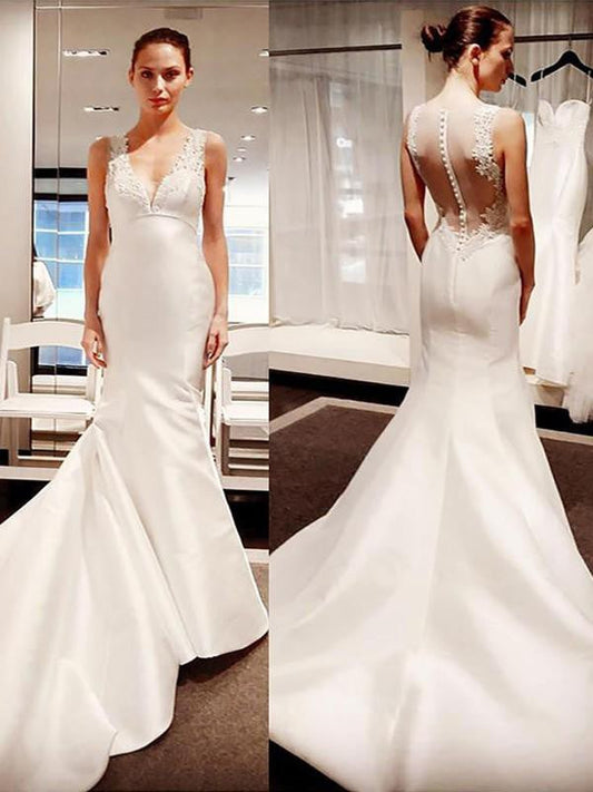 Trumpet/Mermaid V-neck Satin Applique Sleeveless Court Train Wedding Dresses CICIP0006902