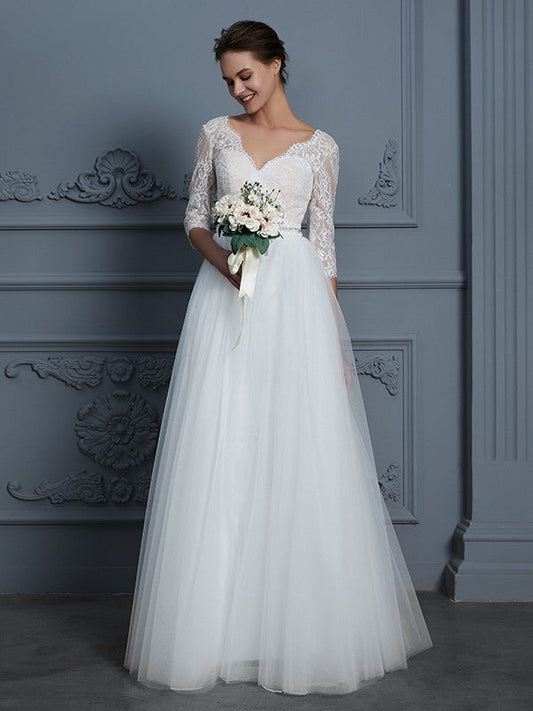 A-Line/Princess V-neck 3/4 Sleeves Floor-Length Lace Tulle Wedding Dresses CICIP0006306