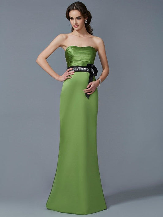 Sheath/Column Strapless Sleeveless Sash/Ribbon/Belt Long Satin Bridesmaid Dresses CICIP0005292