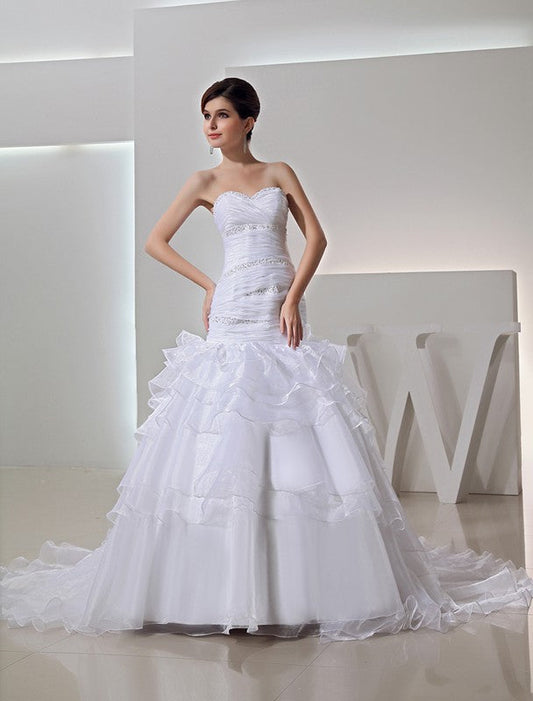 Trumpet/Mermaid Beading Sweetheart Long Organza Wedding Dresses CICIP0007001