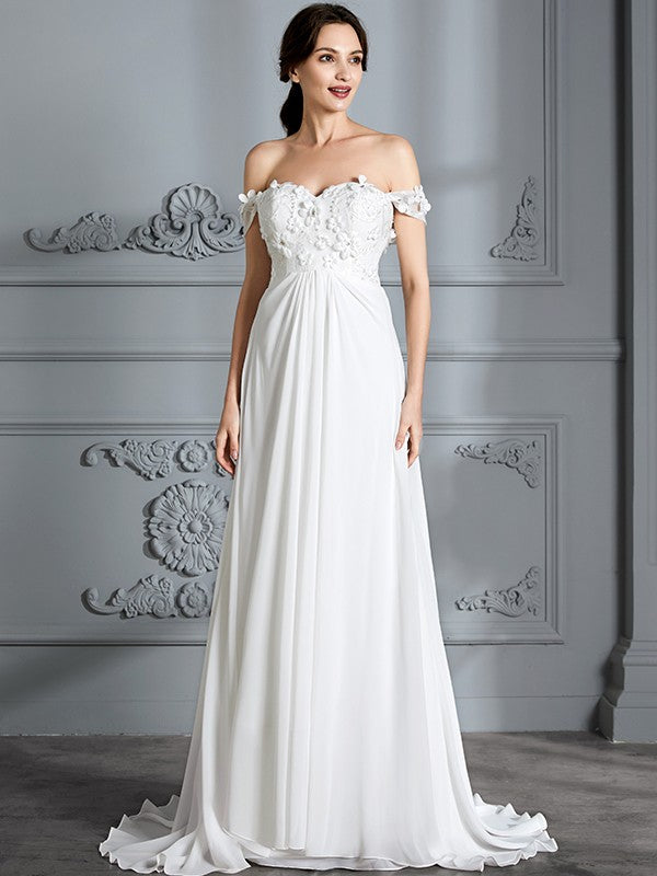 A-Line/Princess Off-the-Shoulder Sleeveless Chiffon Sweep/Brush Train Wedding Dresses CICIP0006370