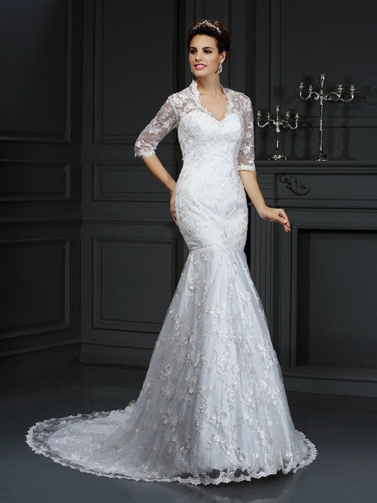 Trumpet/Mermaid V-neck Lace 1/2 Sleeves Long Lace Wedding Dresses CICIP0006569