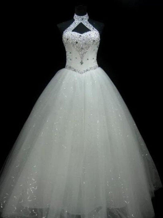 Ball Gown Halter Sleeveless Floor-Length Beading Sequin Tulle Wedding Dresses CICIP0006012