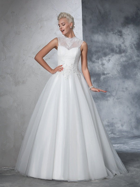 Ball Gown High Neck Applique Sleeveless Long Net Wedding Dresses CICIP0006770