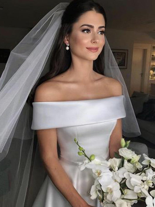 A-Line/Princess Off-the-Shoulder Sleeveless Sweep/Brush Train Ruffles Satin Wedding Dresses CICIP0005973