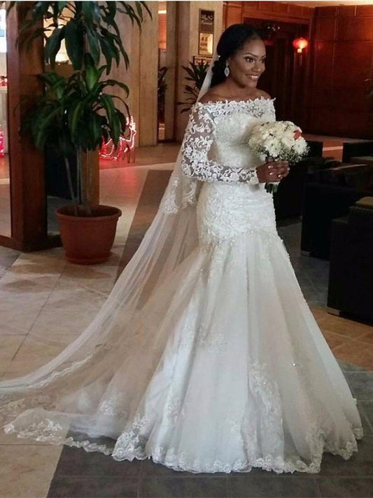 Trumpet/Mermaid Off-the-Shoulder Long Sleeves Lace Sweep/Brush Train Tulle Wedding Dresses CICIP0005930