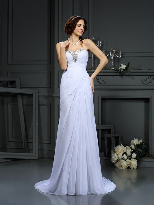 Sheath/Column Sweetheart Beading Sleeveless Long Chiffon Wedding Dresses CICIP0006704