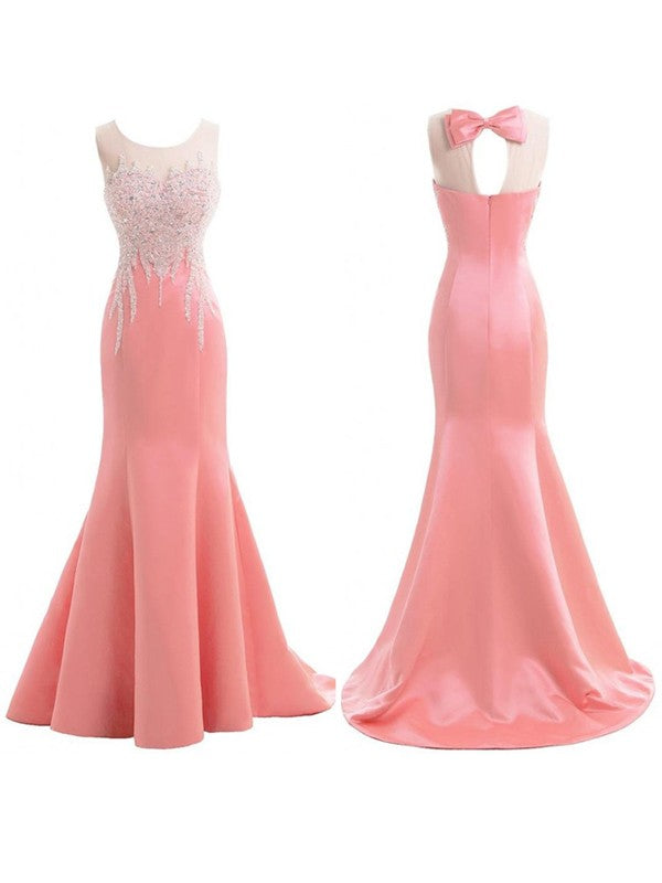 Trumpet/Mermaid Scoop Sleeveless Sweep/Brush Train Satin Beading Bridesmaid Dresses CICIP0005156