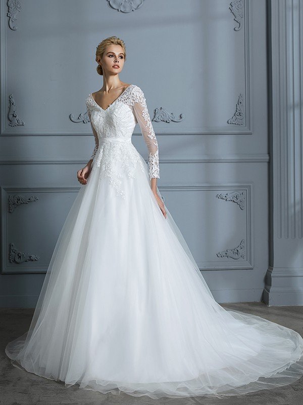 Ball Gown V-neck Long Sleeves Court Train Lace Tulle Wedding Dresses CICIP0006228