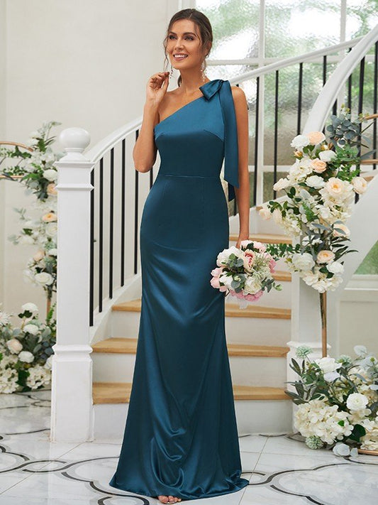 Sheath/Column Silk like Satin Bowknot One-Shoulder Sleeveless Floor-Length Bridesmaid Dresses CICIP0004917