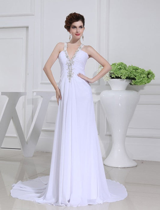 A-Line/Princess Beading V-neck Sleeveless Chiffon Wedding Dresses CICIP0006864