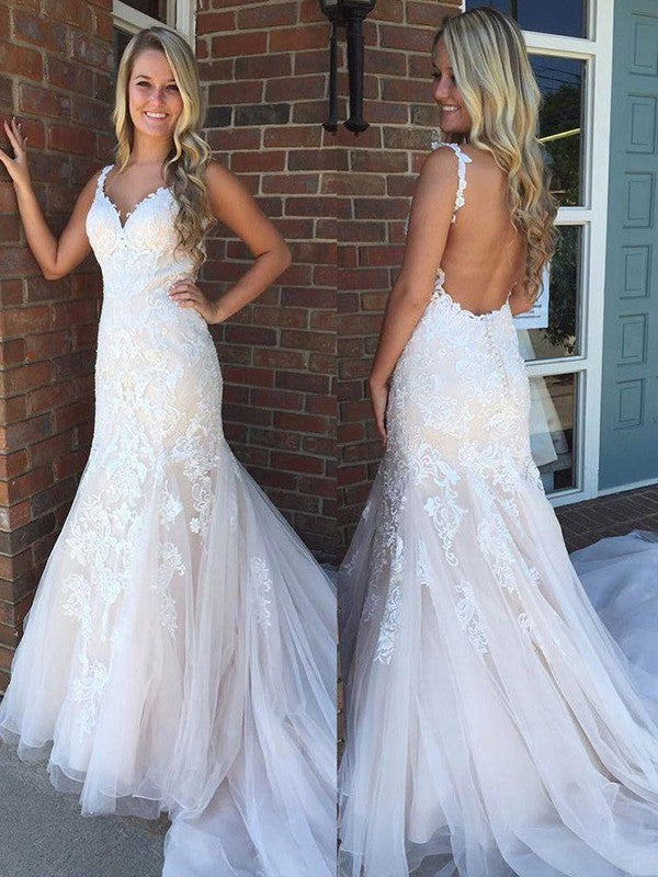 Trumpet/Mermaid V-neck Sleeveless Sweep/Brush Train Applique Tulle Wedding Dresses CICIP0006434