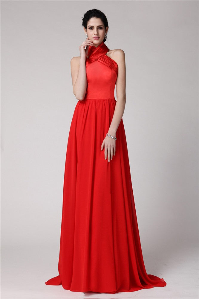 Sheath/Column Halter Sleeveless Pleats Long Elastic Woven Satin Chiffon Bridesmaid Dresses CICIP0005653