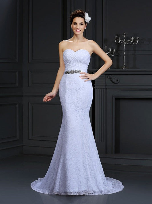 Trumpet/Mermaid Sweetheart Sleeveless Long Lace Wedding Dresses CICIP0006624