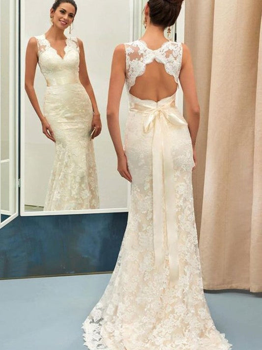 Trumpet/Mermaid Lace Sash/Ribbon/Belt V-neck Sleeveless Sweep/Brush Train Wedding Dresses CICIP0006607