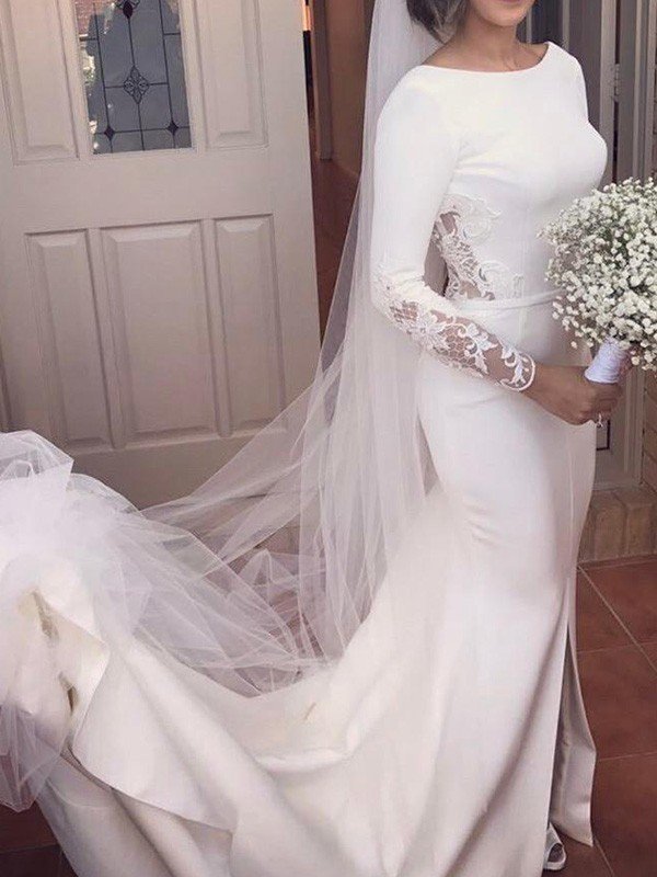 Trumpet/Mermaid Long Sleeves Scoop Court Train Lace Satin Wedding Dresses CICIP0006261