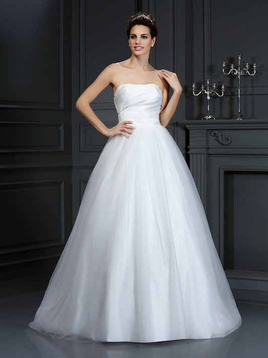 Ball Gown Strapless Pleats Sleeveless Long Taffeta Wedding Dresses CICIP0006777