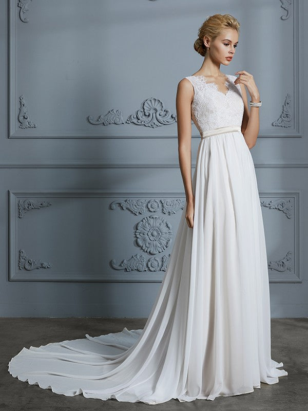 A-Line/Princess Sleeveless V-neck Chiffon Court Train Wedding Dresses CICIP0006288