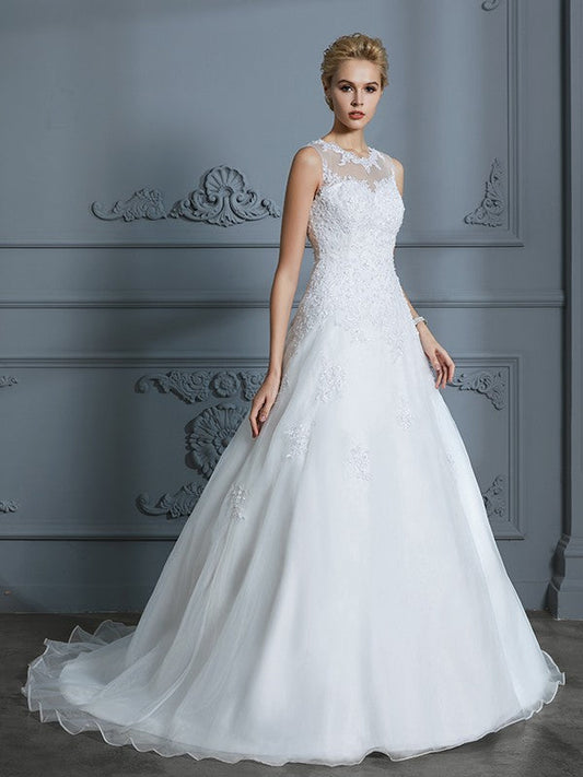 Ball Gown Scoop Sleeveless Organza Court Train Applique Wedding Dresses CICIP0006427