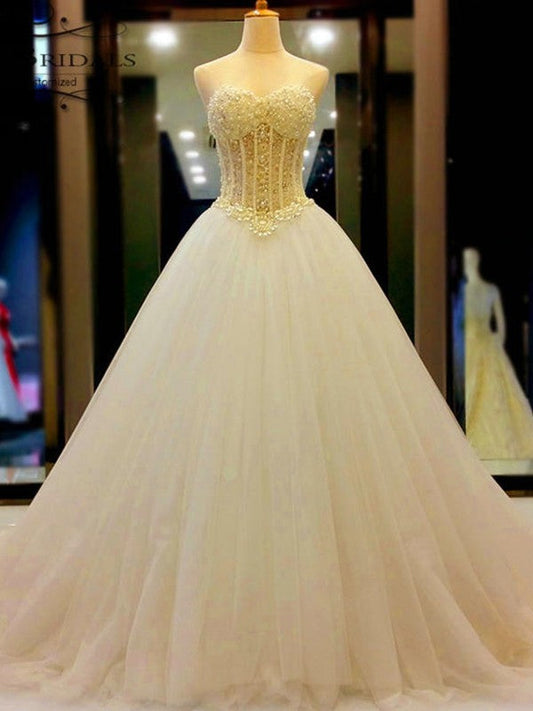 Ball Gown Sweetheart Tulle Beading Court Train Sleeveless Wedding Dresses CICIP0006514