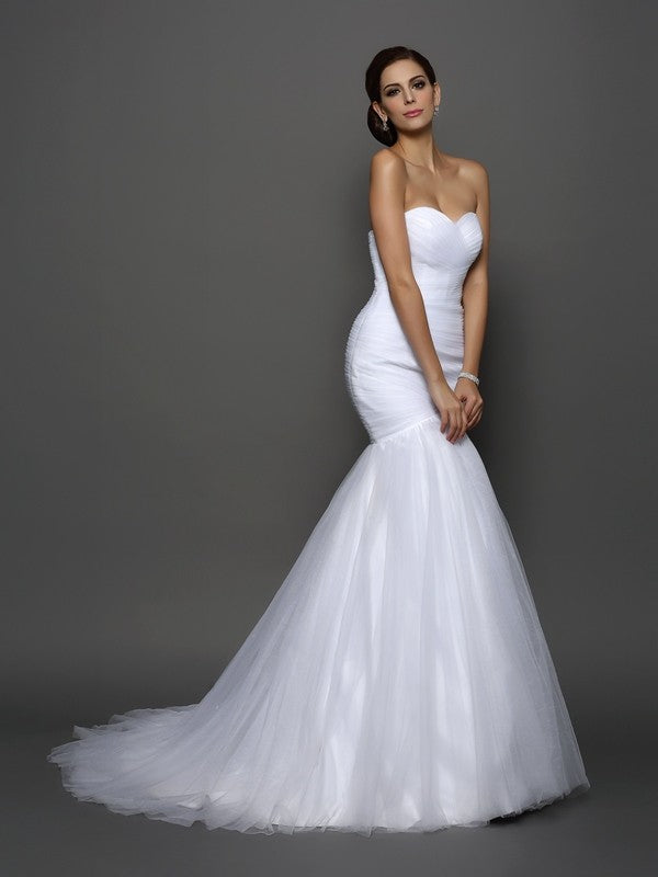 Trumpet/Mermaid Sweetheart Pleats Sleeveless Long Net Wedding Dresses CICIP0006341