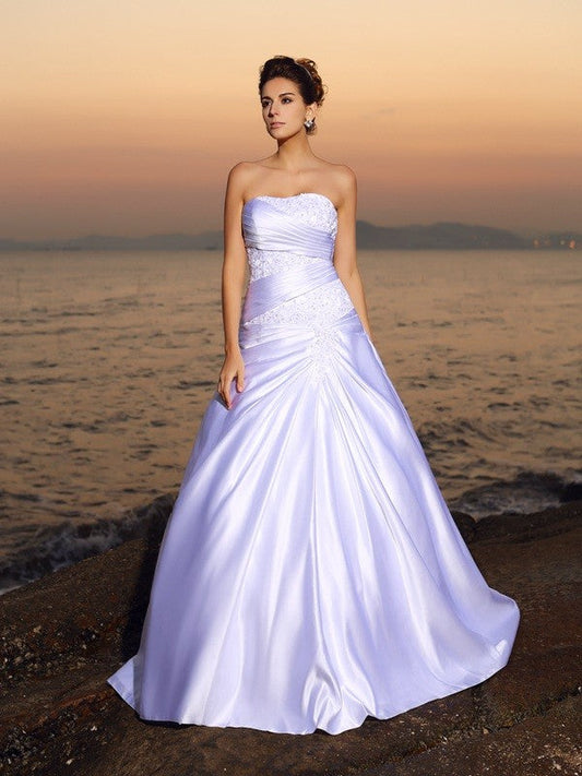 Ball Gown Strapless Beading Sleeveless Long Satin Beach Wedding Dresses CICIP0006392