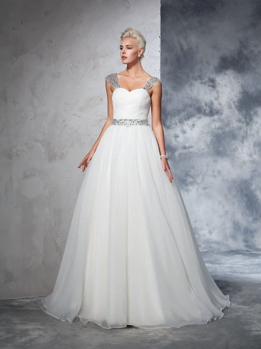 Ball Gown Straps Ruched Sleeveless Long Net Wedding Dresses CICIP0006544