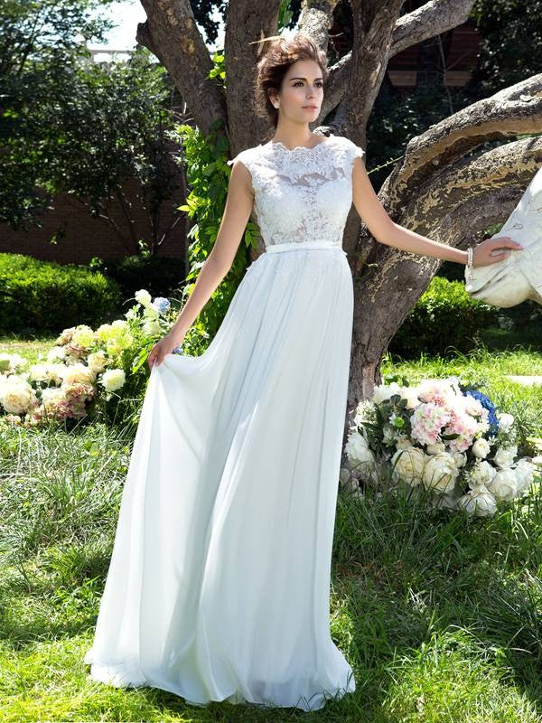 A-Line/Princess Scoop Sleeveless Applique Long Chiffon Dresses CICIP0009215