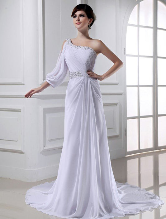 A-Line/Princess Beading One-shoulder One-sleeve Chiffon Wedding Dresses CICIP0006753