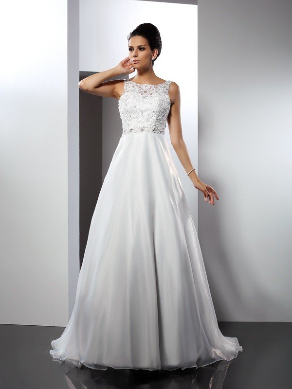 A-Line/Princess Scoop Ruffles Sleeveless Long Satin Wedding Dresses CICIP0006433