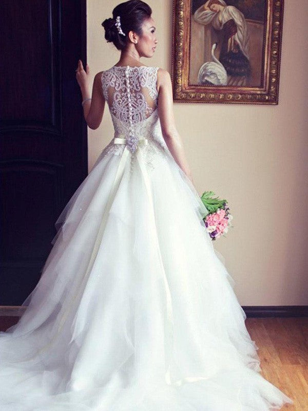 A-Line/Princess Sleeveless Scoop Chapel Train Sash/Ribbon/Belt Beading Applique Lace Tulle Wedding Dresses CICIP0006416