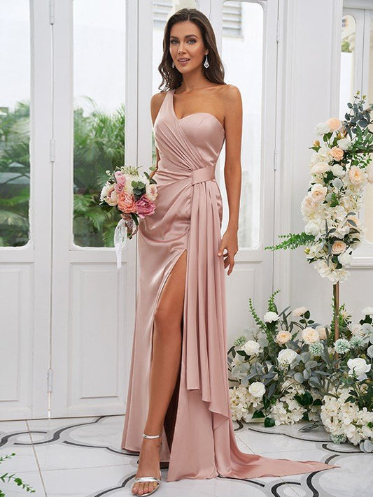 Sheath/Column Charmeuse Ruched One-Shoulder Sleeveless Floor-Length Bridesmaid Dresses CICIP0004892