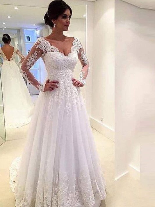 Ball Gown V-neck Long Sleeves Lace Sweep/Brush Train Tulle Wedding Dresses CICIP0006055