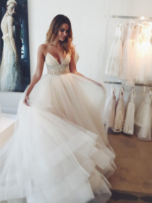 Ball Gown Spaghetti Straps Sleeveless Crystal Court Train Tulle Wedding Dresses CICIP0006122