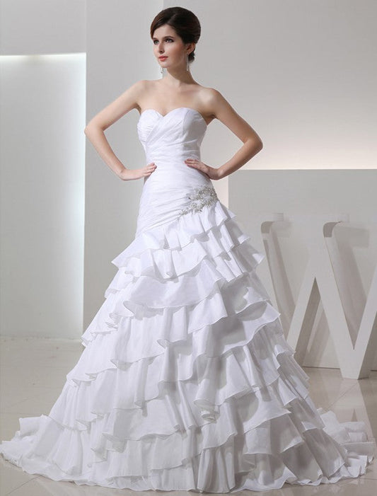 A-Line/Princess Beading Sweetheart Sleeveless Long Taffeta Wedding Dresses CICIP0006975