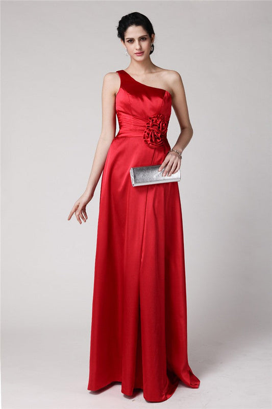 Sheath/Column One-Shoulder Sleeveless Pleats Hand-Made Flower Long Elastic Woven Satin Bridesmaid Dresses CICIP0005514