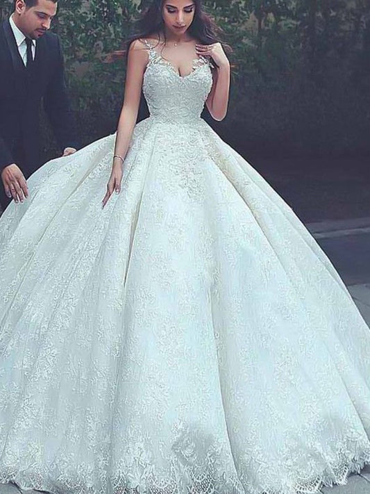 Ball Gown Spaghetti Straps Sleeveless Sweep/Brush Train Lace Tulle Wedding Dresses CICIP0006490