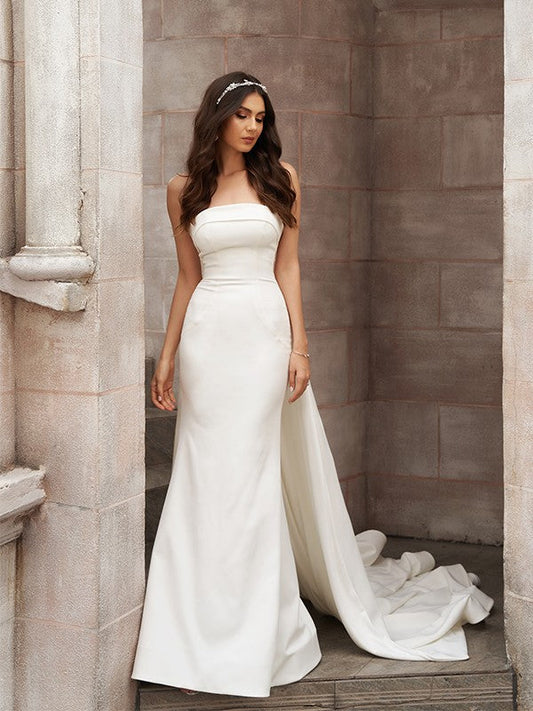 Sheath/Column Satin Ruched Strapless Sleeveless Court Train Wedding Dresses CICIP0006447